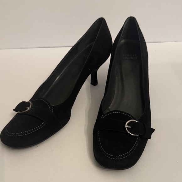 Stuart Weitzman 10-1/2 Narrow Black Suede Heels with Buckle - Picture 1 of 14